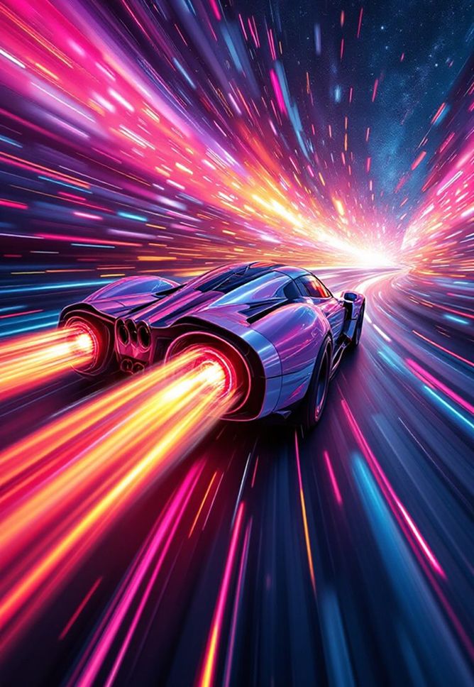 Futuristic sports car racing through a neon-lit hyperspace tunnel with glowing light trails and vibrant colors. High-speed motion blur, retro synthwave aesthetic, cosmic background.
